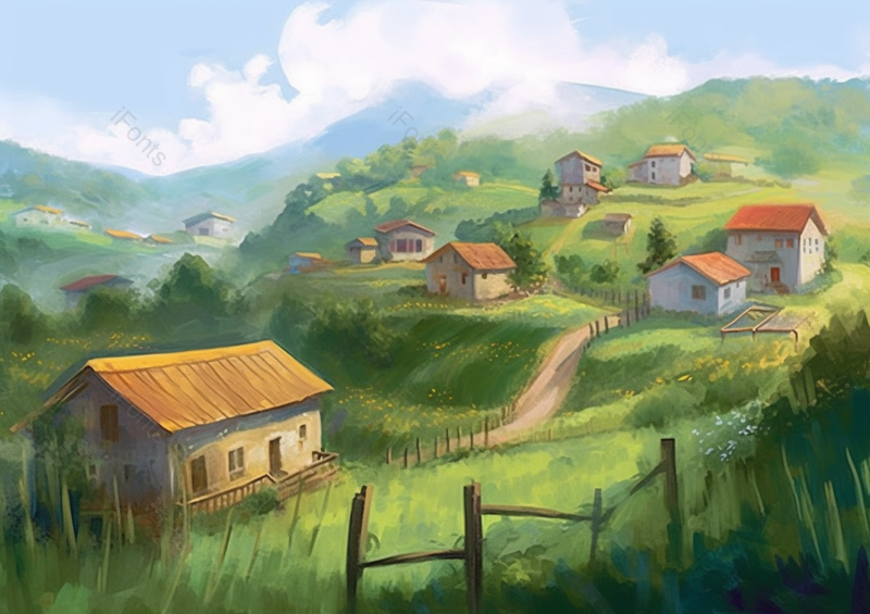 黄色小野花房屋小村庄插画背景,插画/手绘图,插画/手绘图库,插画/手绘图下载,插画/手绘